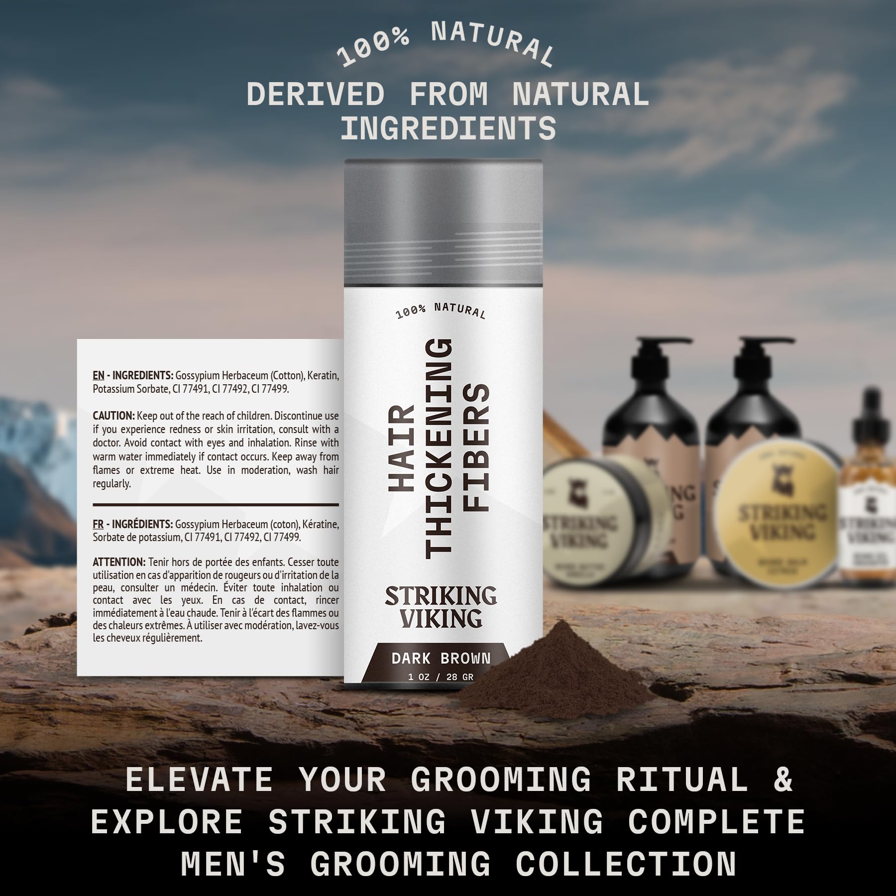 Full view of the Striking Viking grooming collection dark brown hair density enhancement powder.