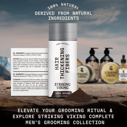 Full view of the Striking Viking grooming collection dark brown hair density enhancement powder.
