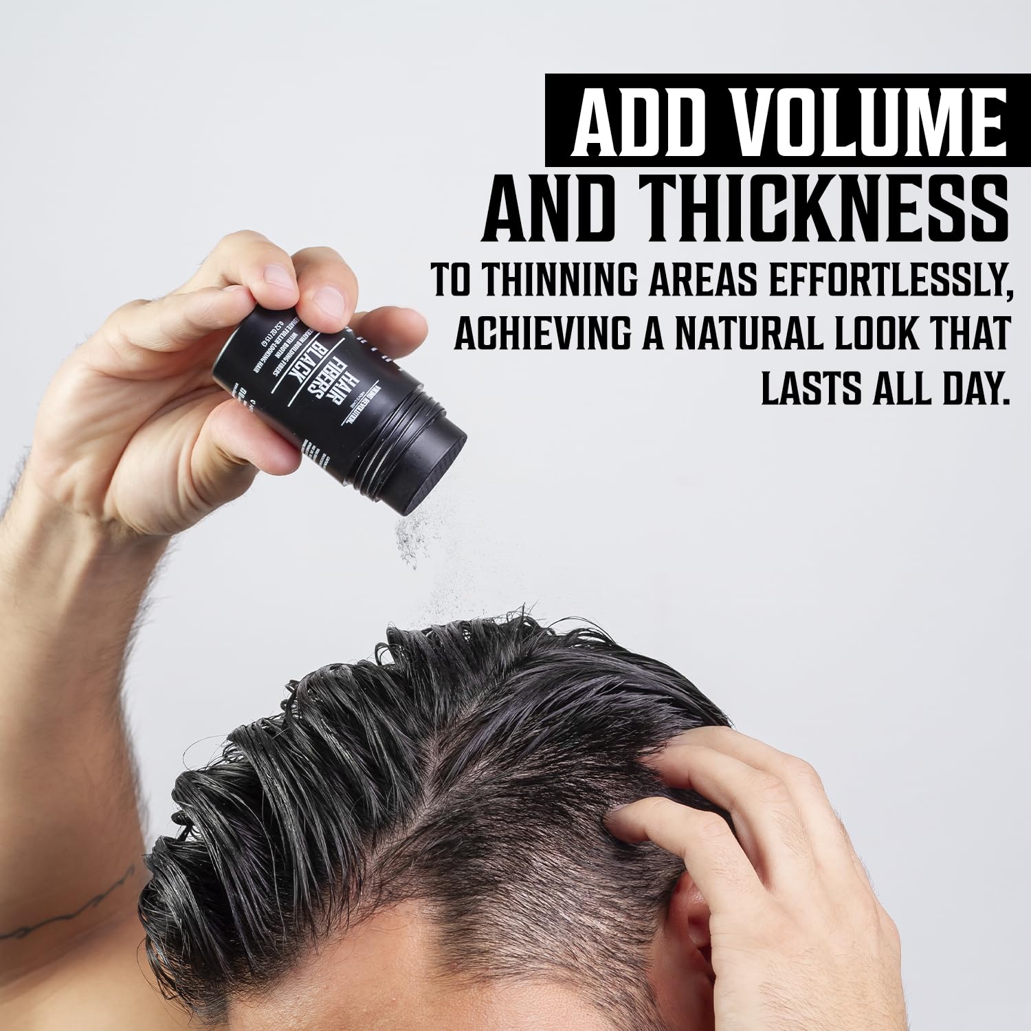 Premium black hair thickening fibers with biotin for men back label directions.