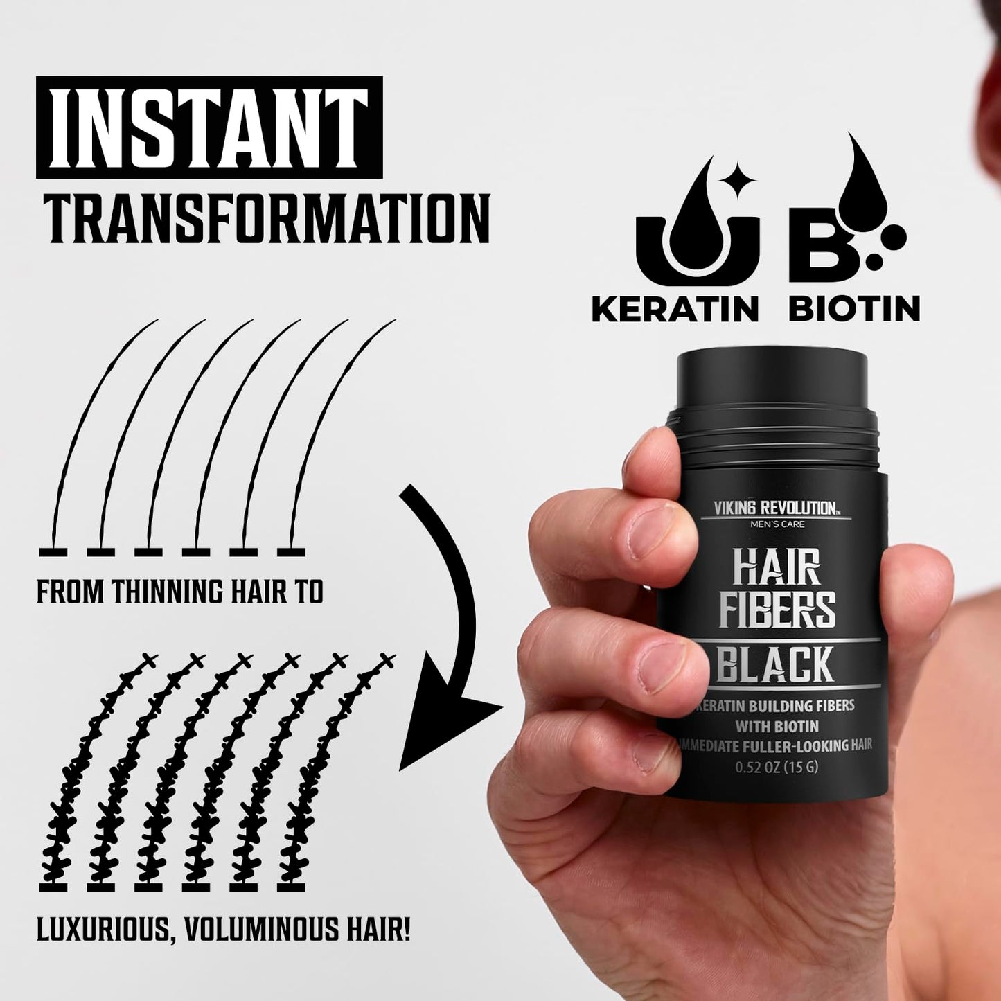 Authentic USA imported Viking Revolution black hair fibers for instant volume.