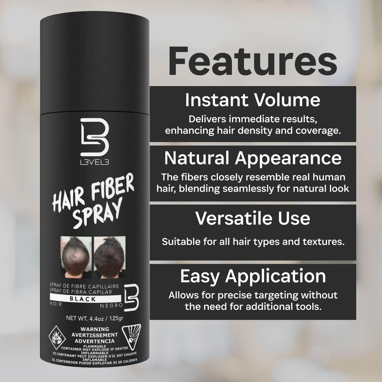 L3 level 3 professional barber grade black hair fiber spray container