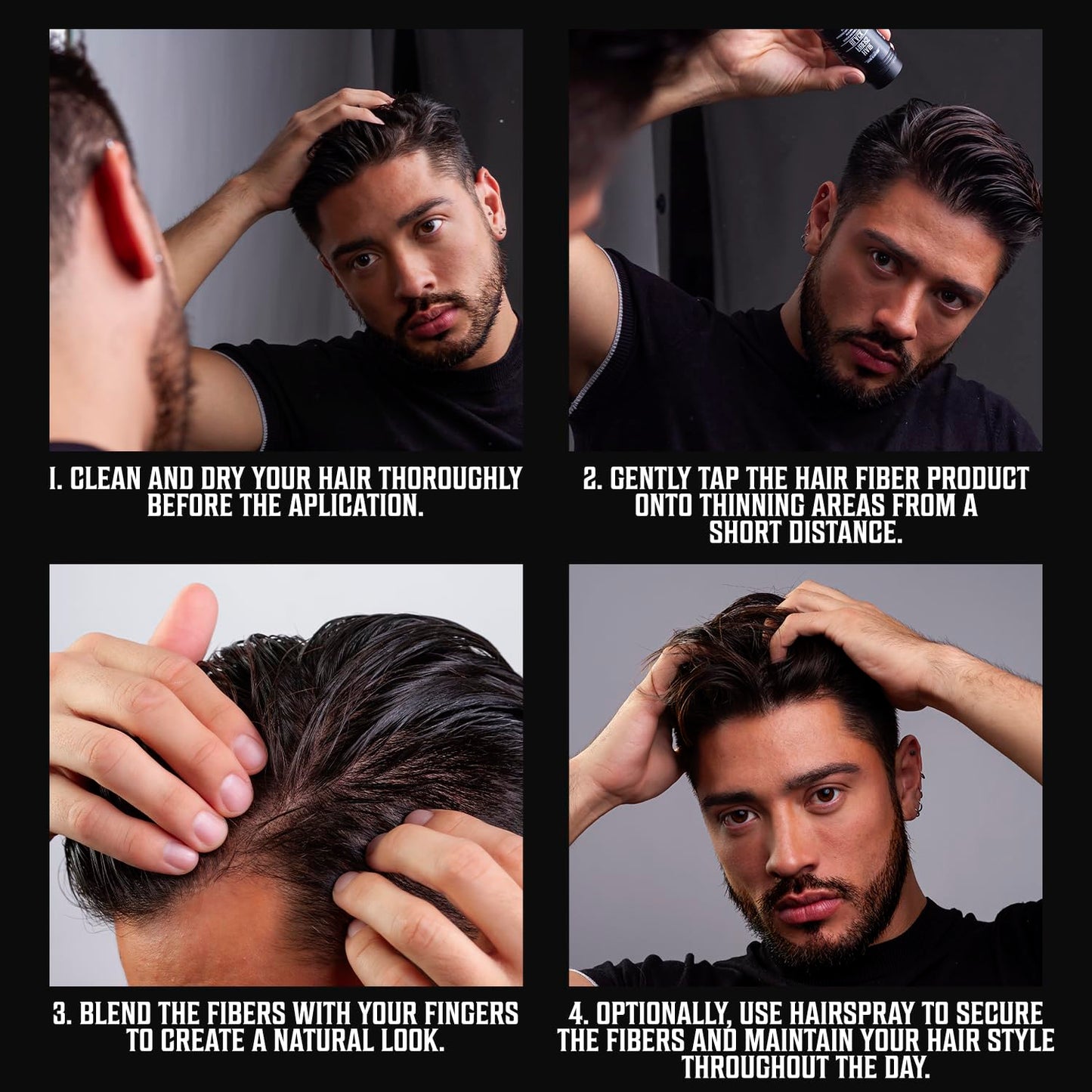 Sweat resistant hair building fibers container showcasing the premium grooming brand logo.