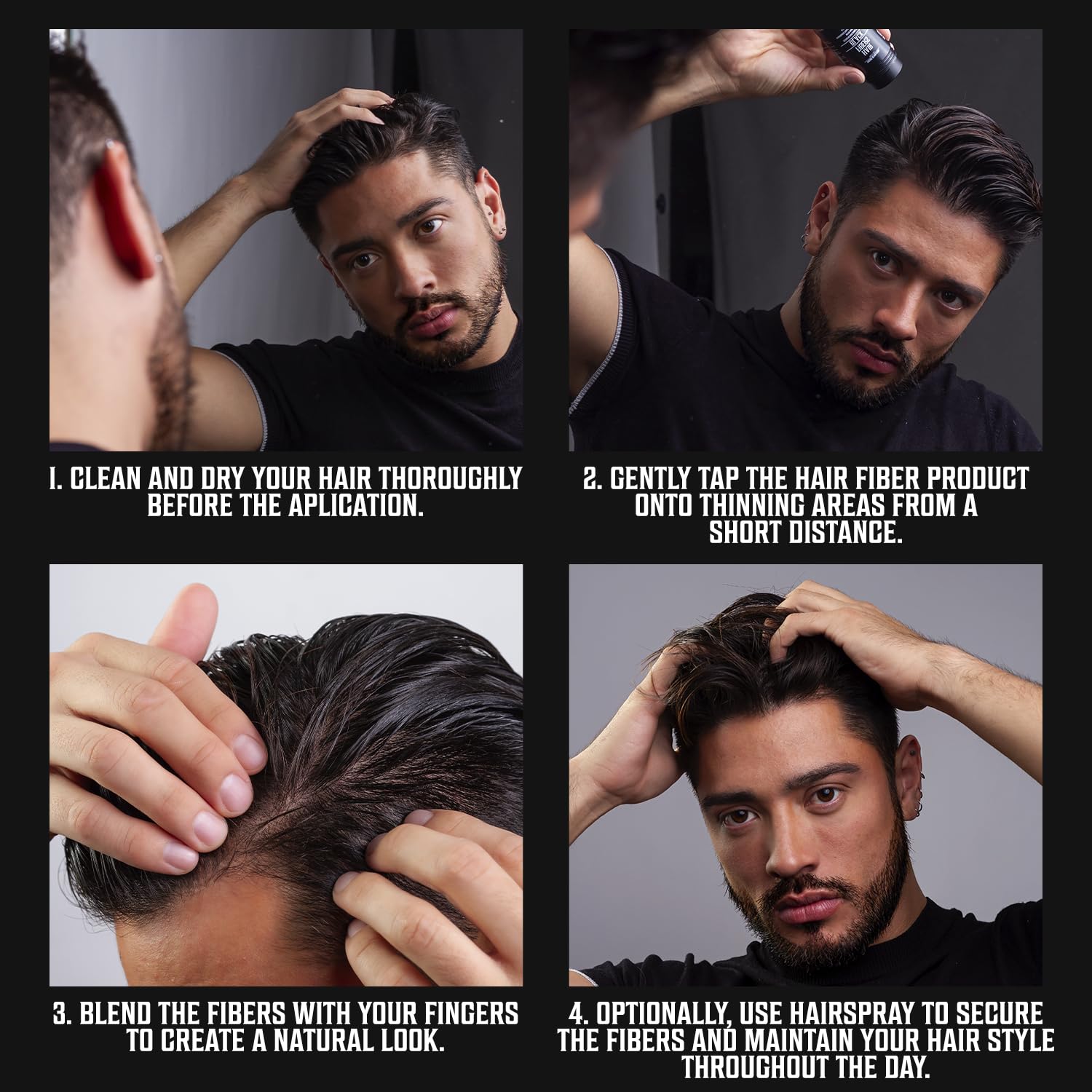 Sweat resistant hair building fibers container showcasing the premium grooming brand logo.