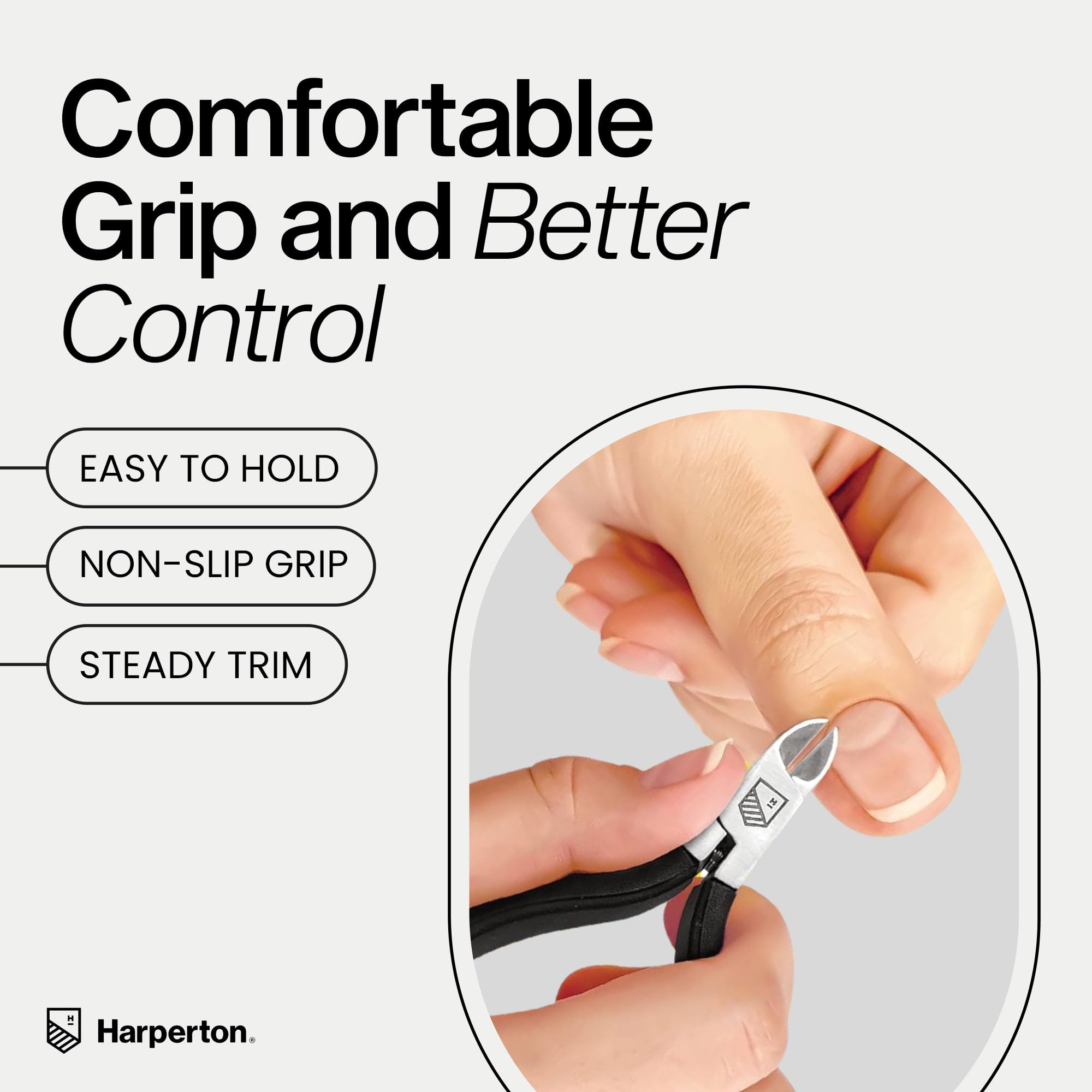 Hand holding Harperton non-slip cuticle trimmer