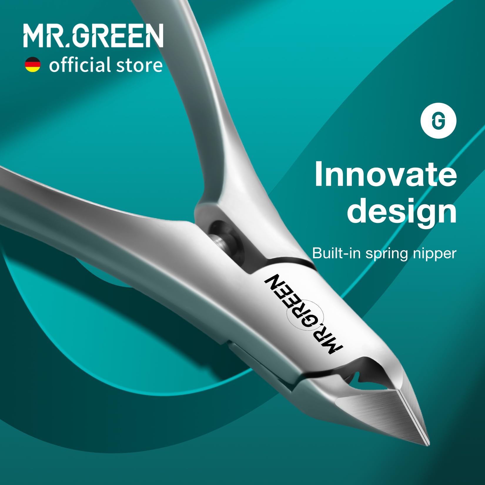 MR.GREEN Innovative Cuticle Scissors showcasing the ergonomic built in spring mechanism handle.