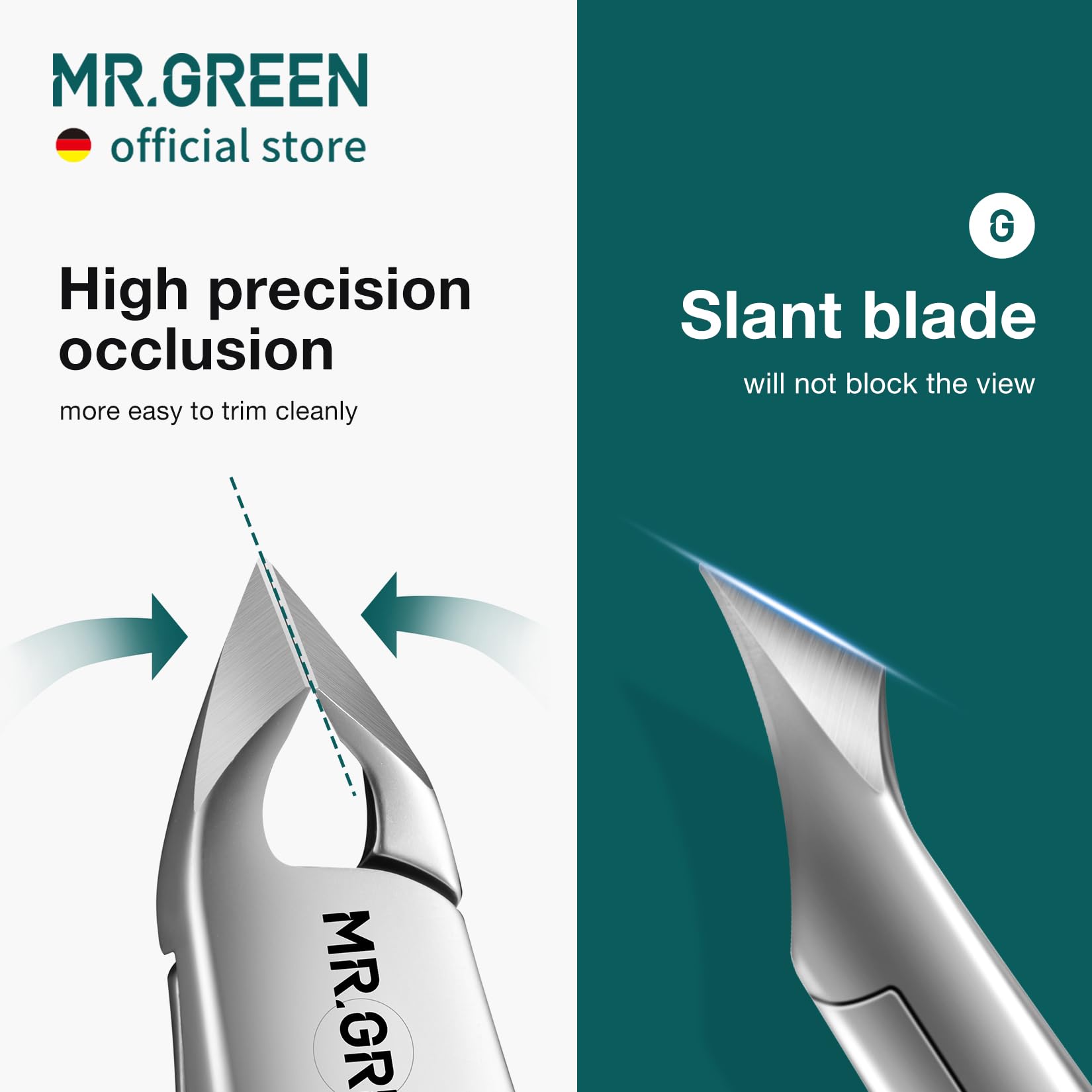 High precision occlusion cuticle nippers demonstrating clean cutting action on cuticles.