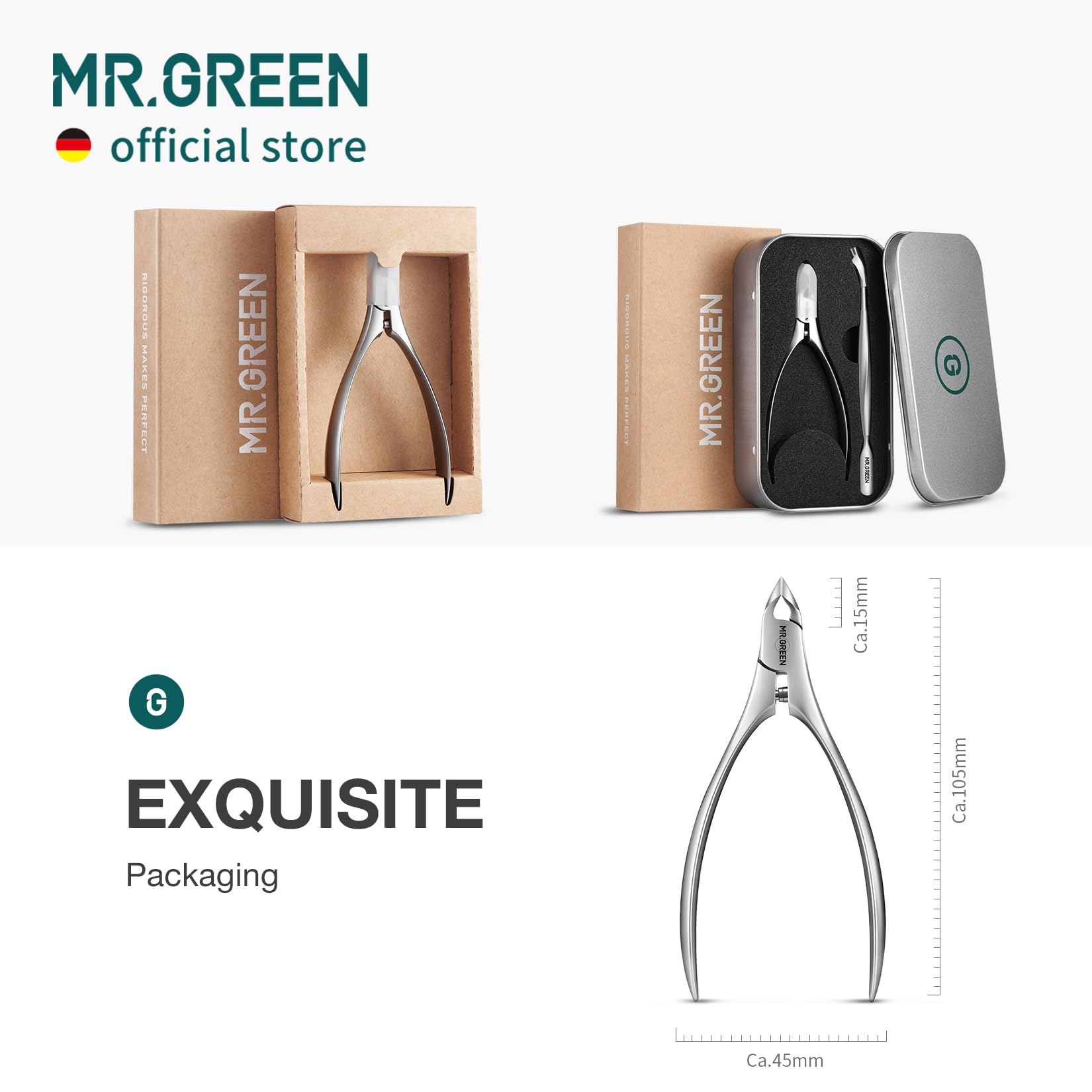 Complete premium packaging view of the MR.GREEN cuticle nipper and pusher beauty set.