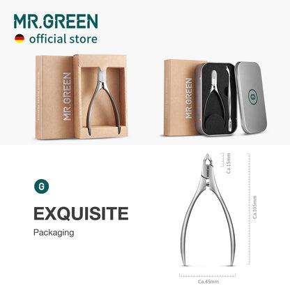 Complete premium packaging view of the MR.GREEN cuticle nipper and pusher beauty set.