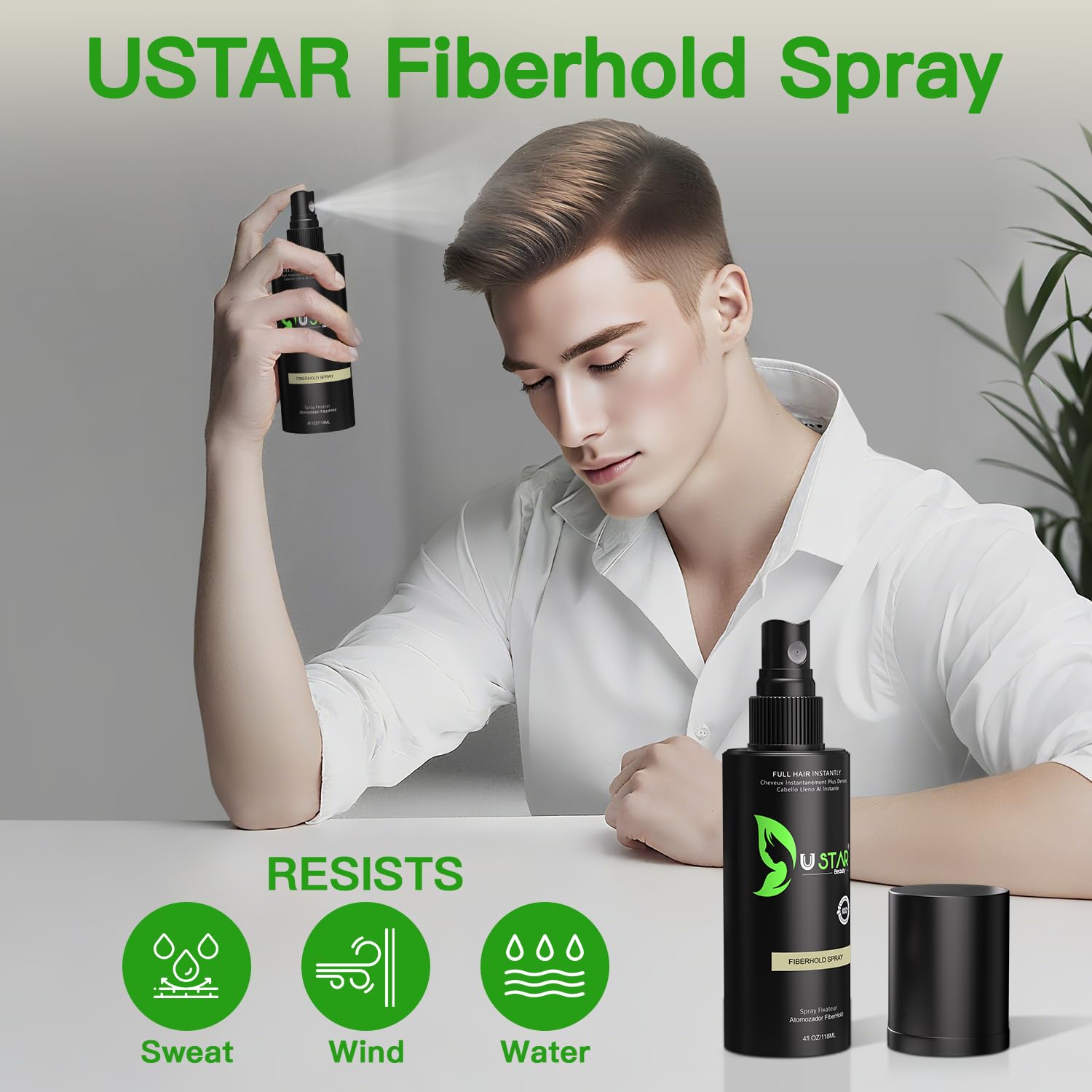 USTAR hair styling powder kit showing before and after thinning hair coverage