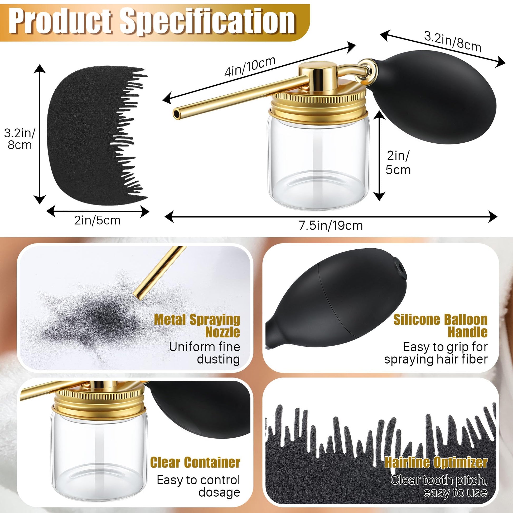 Refillable hair fiber powder spray bottle with the included black hairline optimizer tool for precise styling.