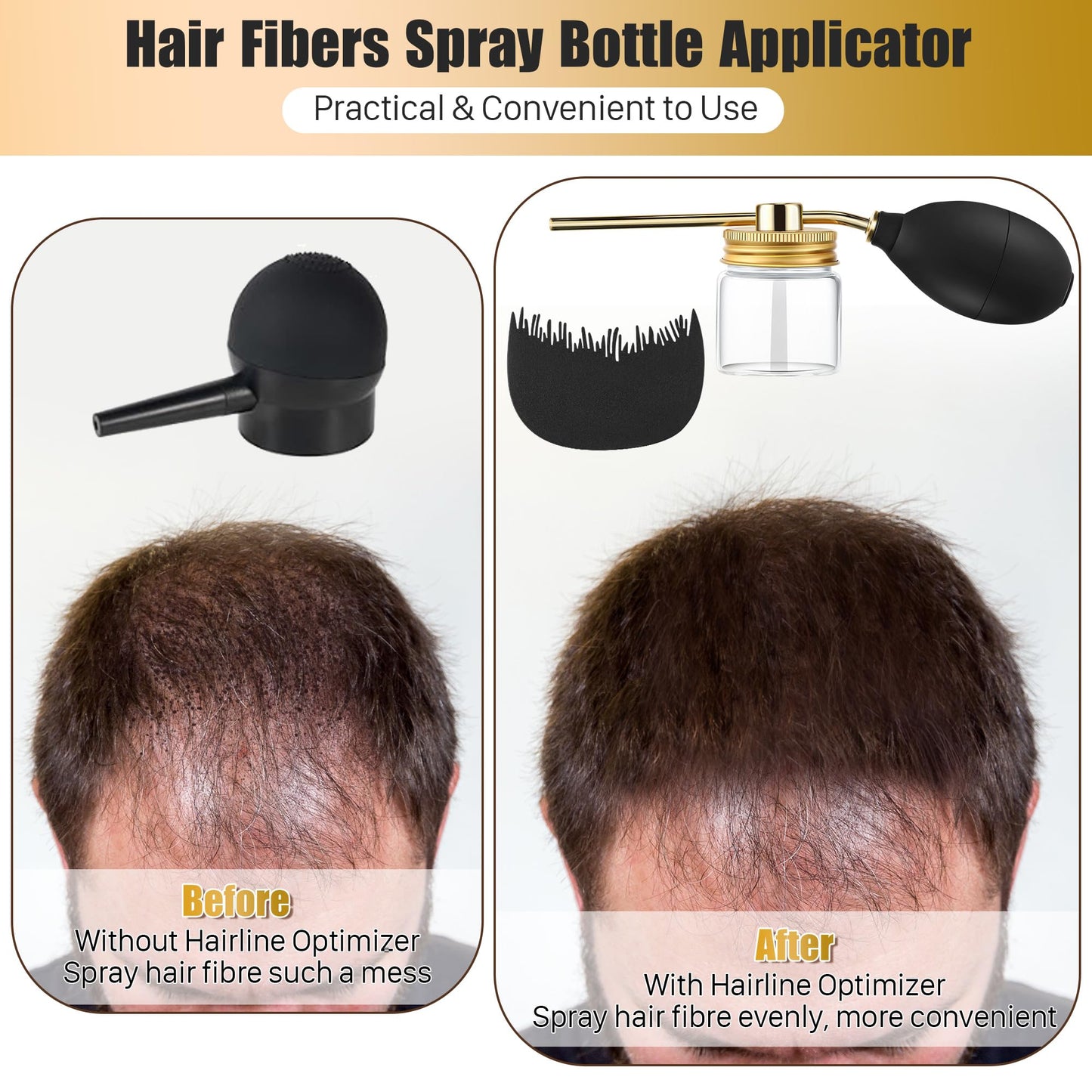 Hand pressing the black silicone pump puffer of the hair building fiber dispenser to demonstrate usage.