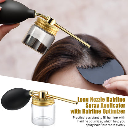 Portable travel size hair fiber spray bottle placed next to a travel grooming kit.