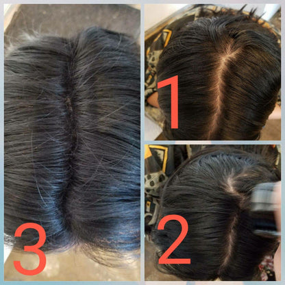 Side-by-side comparison visualization of hair density before and after using keratin building fibers.