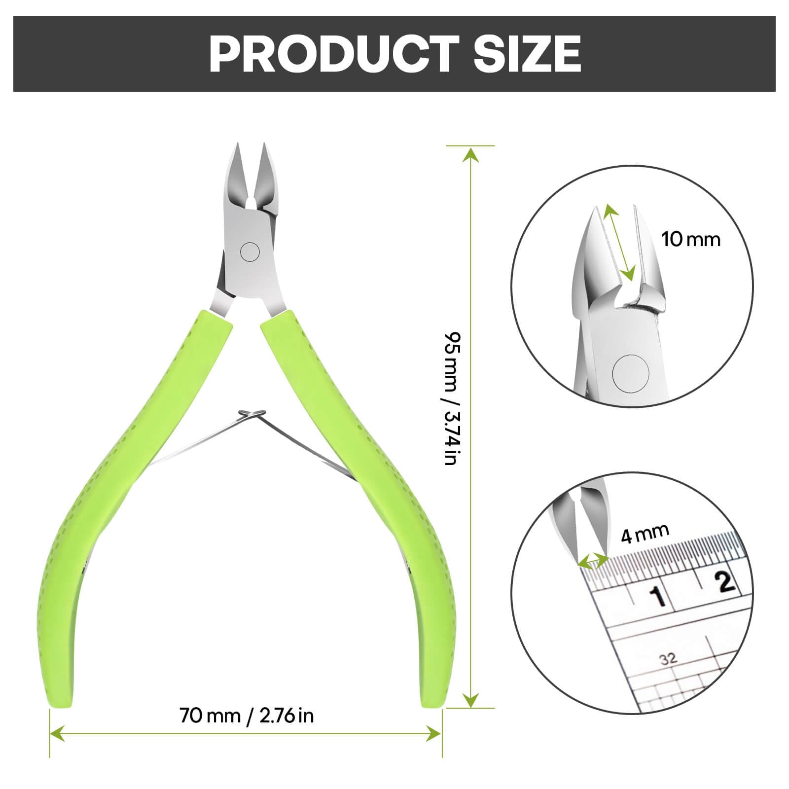 Close up view of the surgical grade stainless steel jaw and sharp blades of the TEAORB cuticle cutter tool.