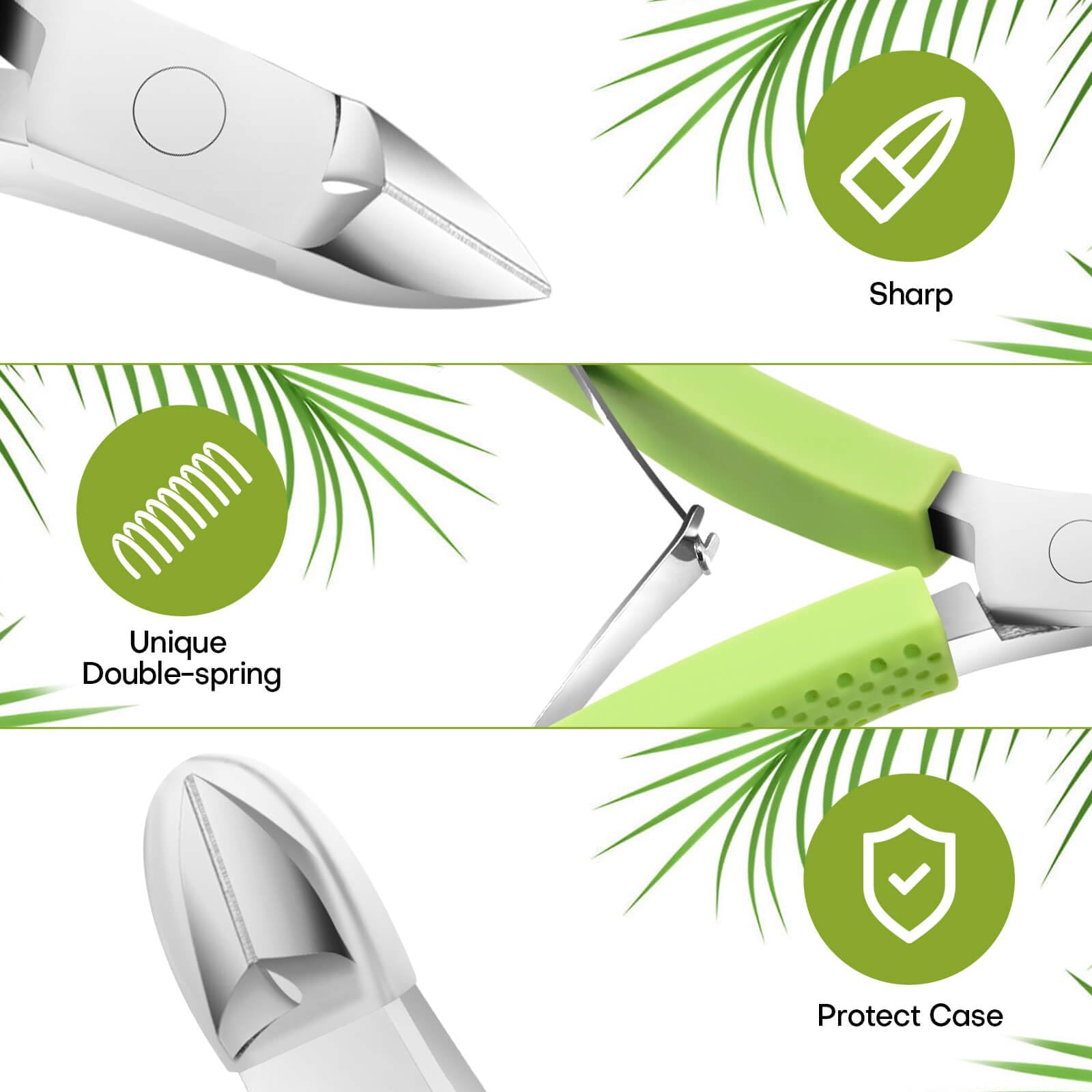 Side profile of the ergonomic green non slip handle on the TEAORB cuticle nipper showing the comfortable grip design.