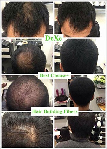 Dexe hair building fibers container shown next to a hair fiber locking spray for optimal styling setup.