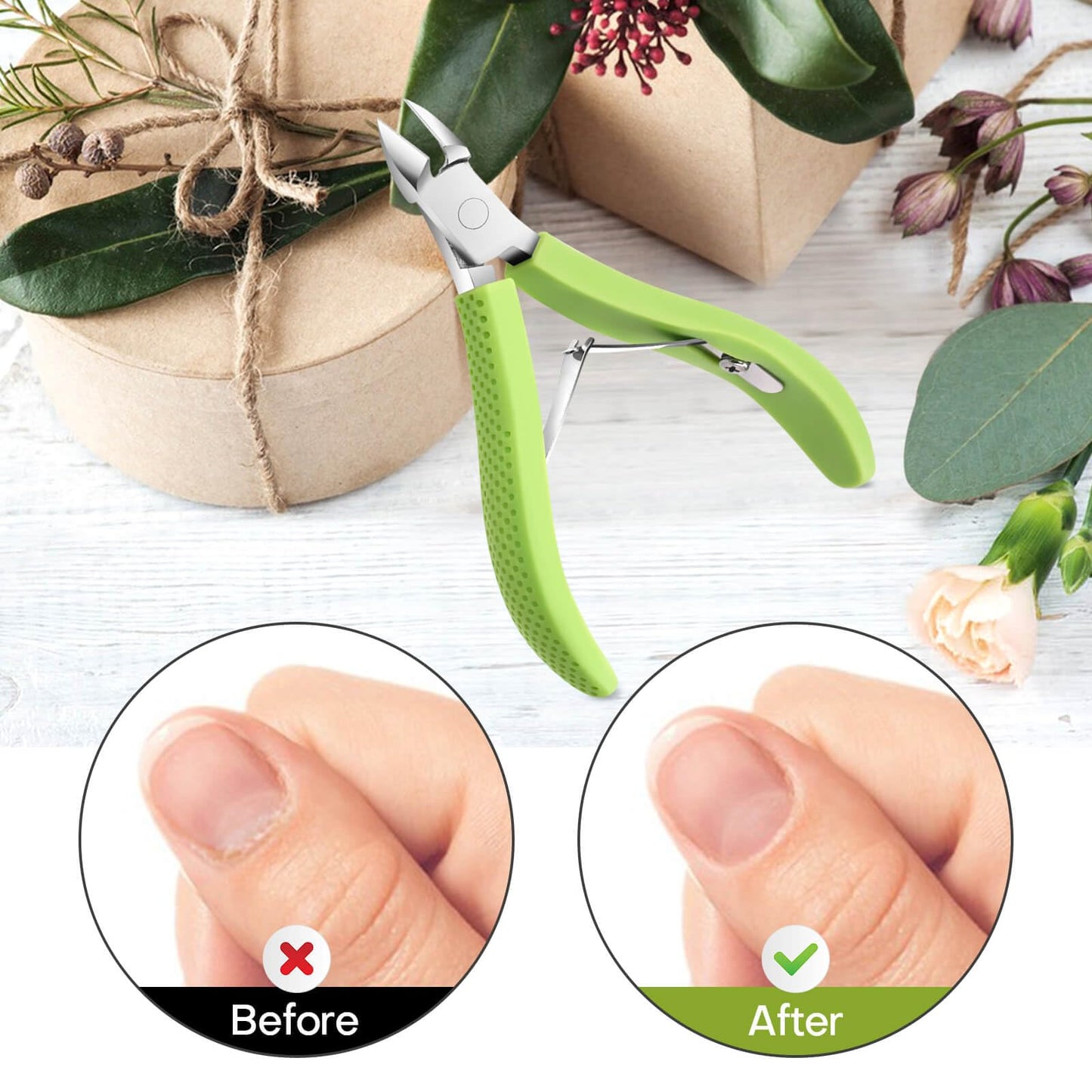 TEAORB premium stainless steel cuticle nippers being held to demonstrate the anti fatigue grip for precise nail care.