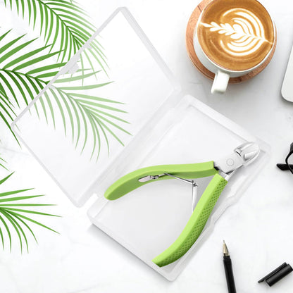 Product packaging and full view of the TEAORB professional green cuticle cutter for fingernail and toenail maintenance.