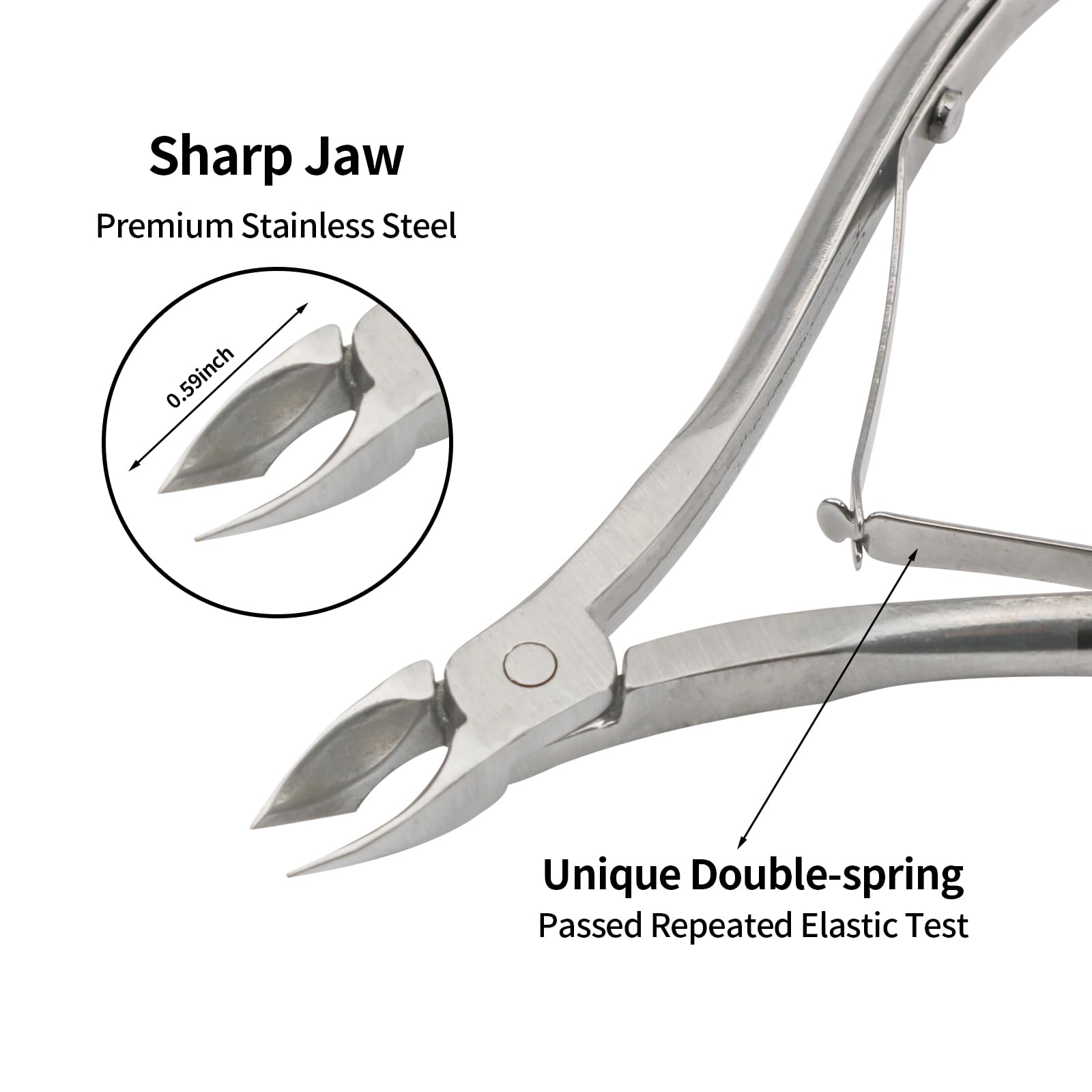 Close up view of the double spring mechanism on the professional stainless steel cuticle nipper handle