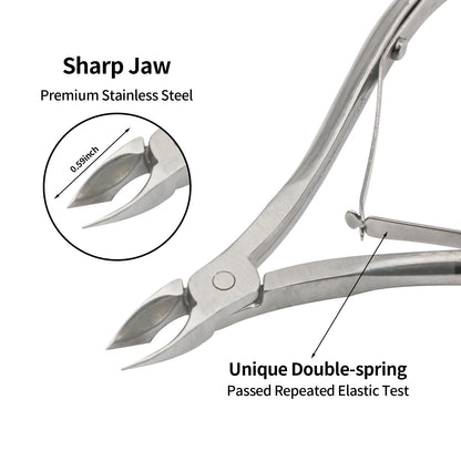Close up view of the double spring mechanism on the professional stainless steel cuticle nipper handle