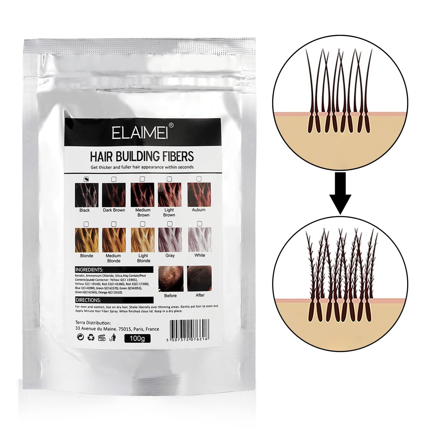Natural keratin hair thinning concealer powder being poured into an applicator bottle
