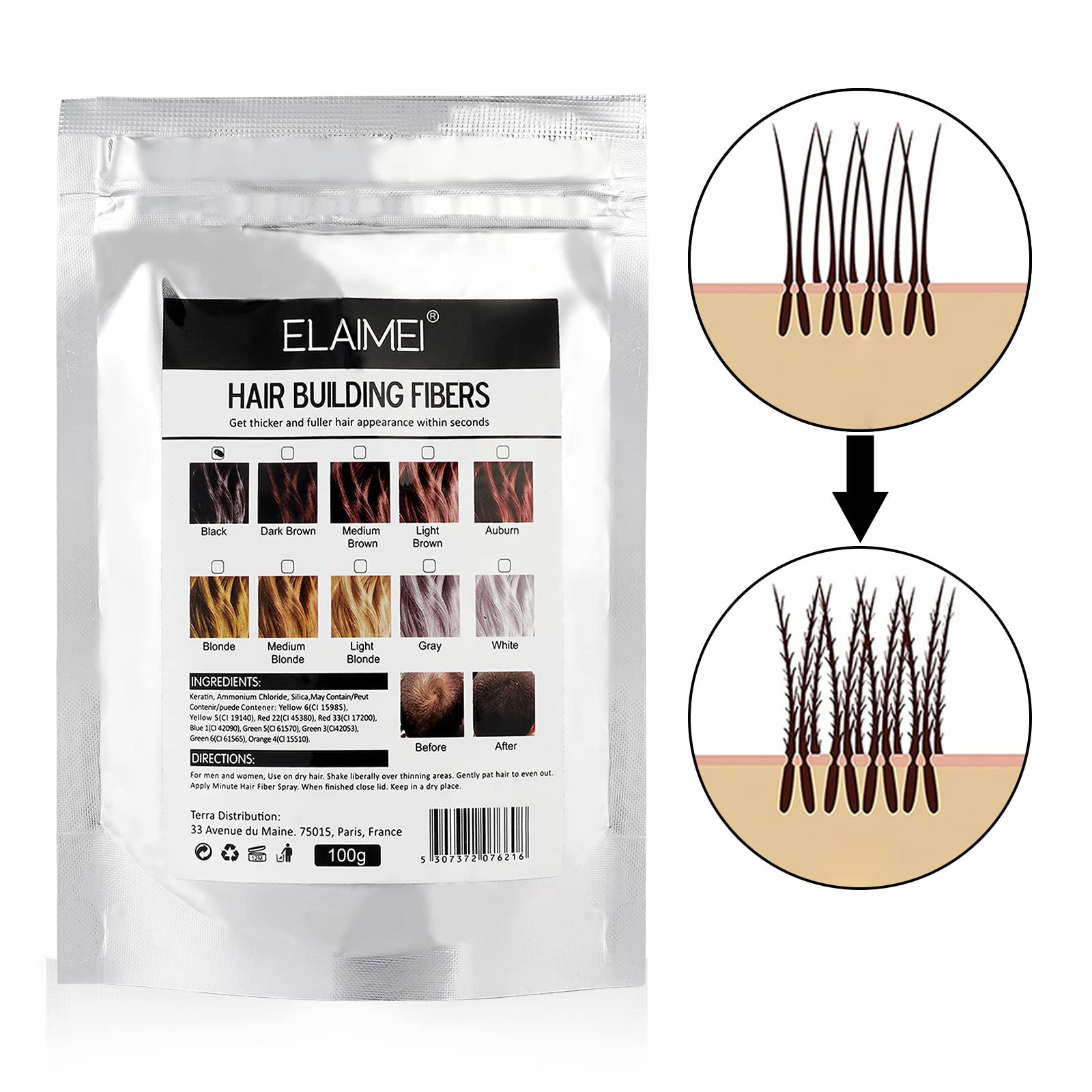 Natural keratin hair thinning concealer powder being poured into an applicator bottle