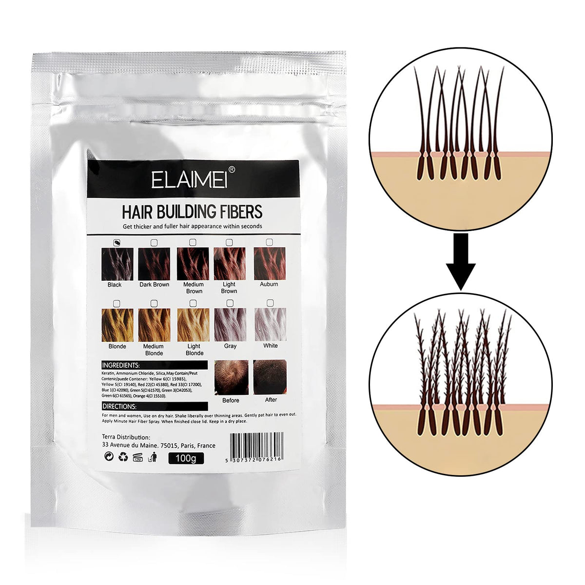 Aliver black hair fibers powder showing fine texture and container details