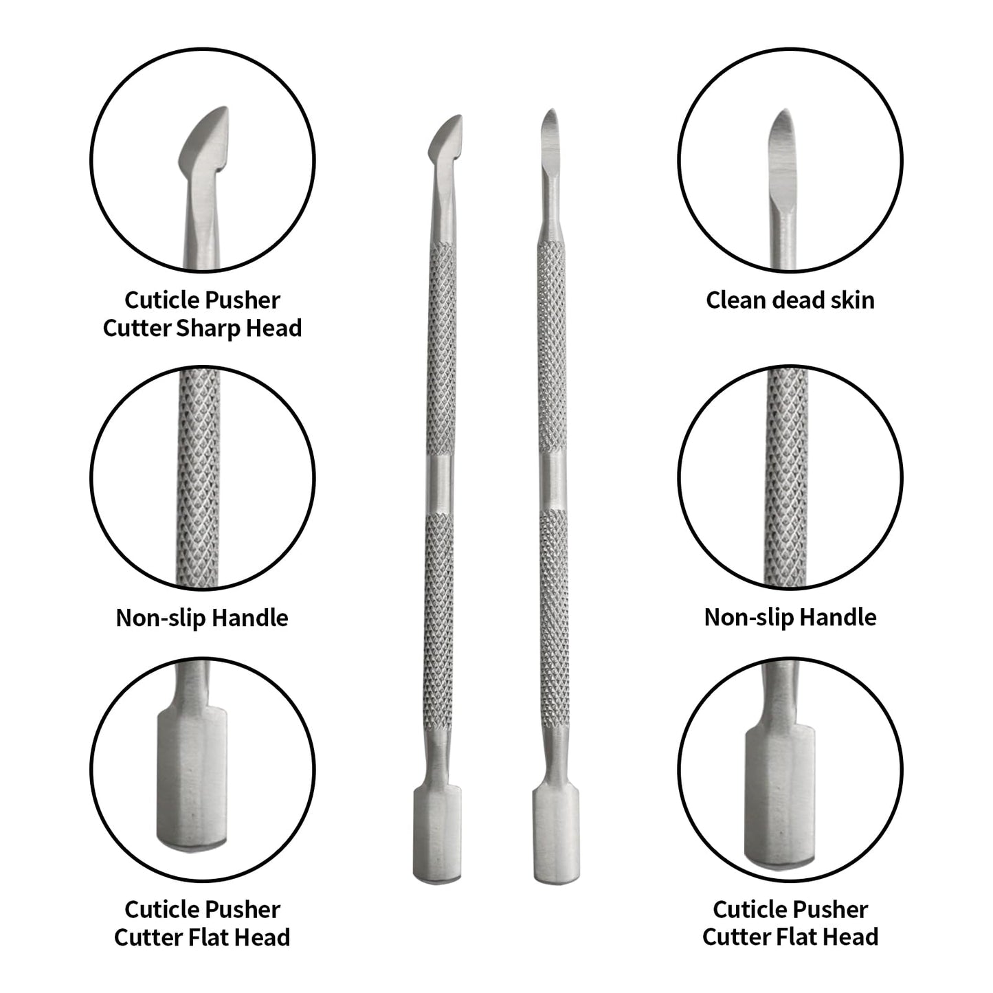 Dual ended stainless steel cuticle pusher and cutter tool lying flat on a clean background