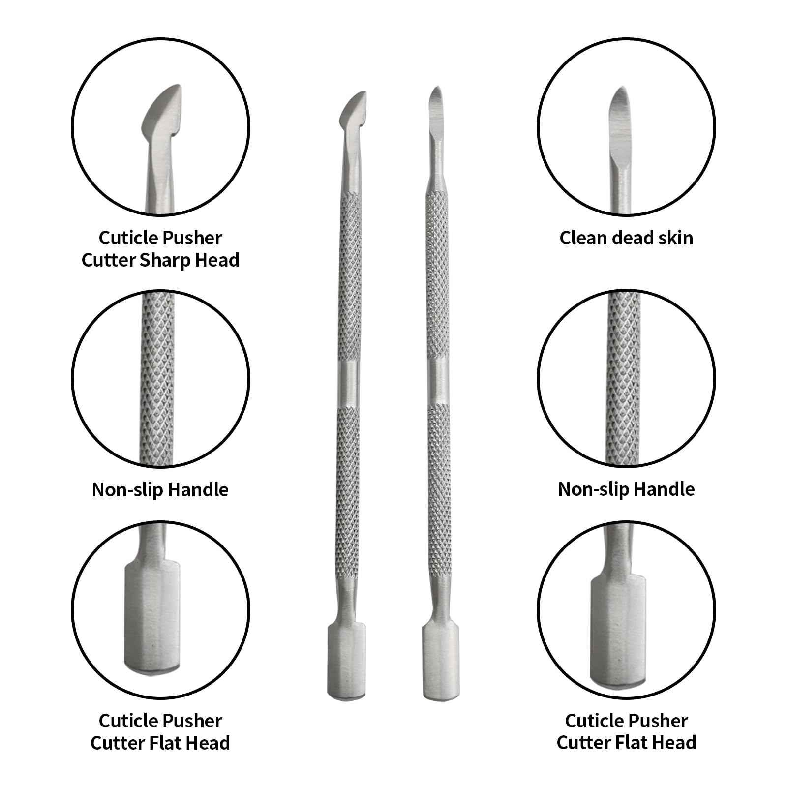 Dual ended stainless steel cuticle pusher and cutter tool lying flat on a clean background