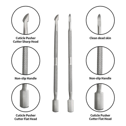 Dual ended stainless steel cuticle pusher and cutter tool lying flat on a clean background