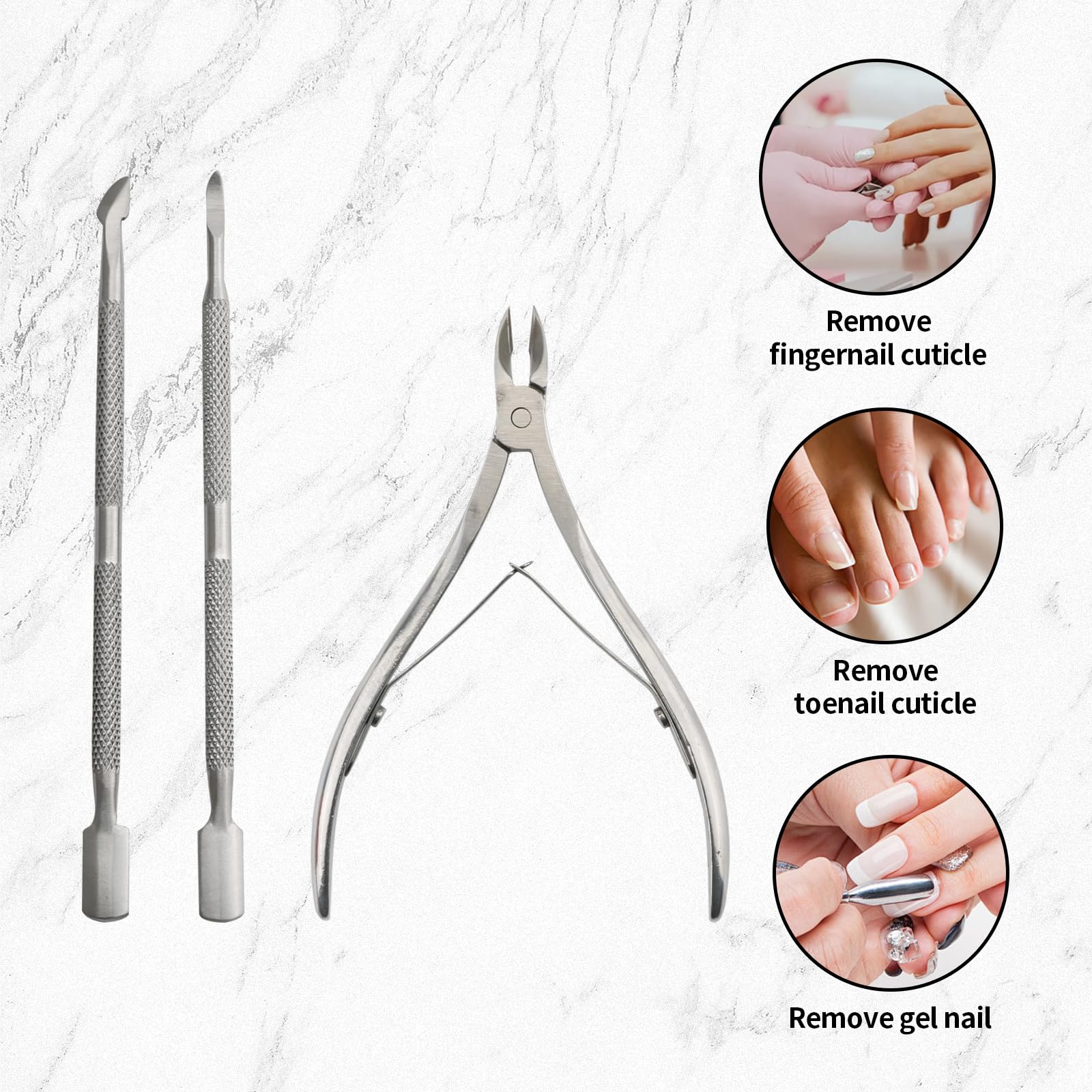 Three piece professional manicure and pedicure tool kit organized for fingernail and toenail maintenance