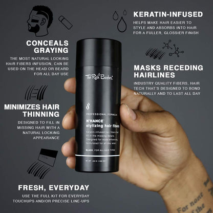Keratin-infused barber hair thickening fibers applied to a receding hairline for enhancement.