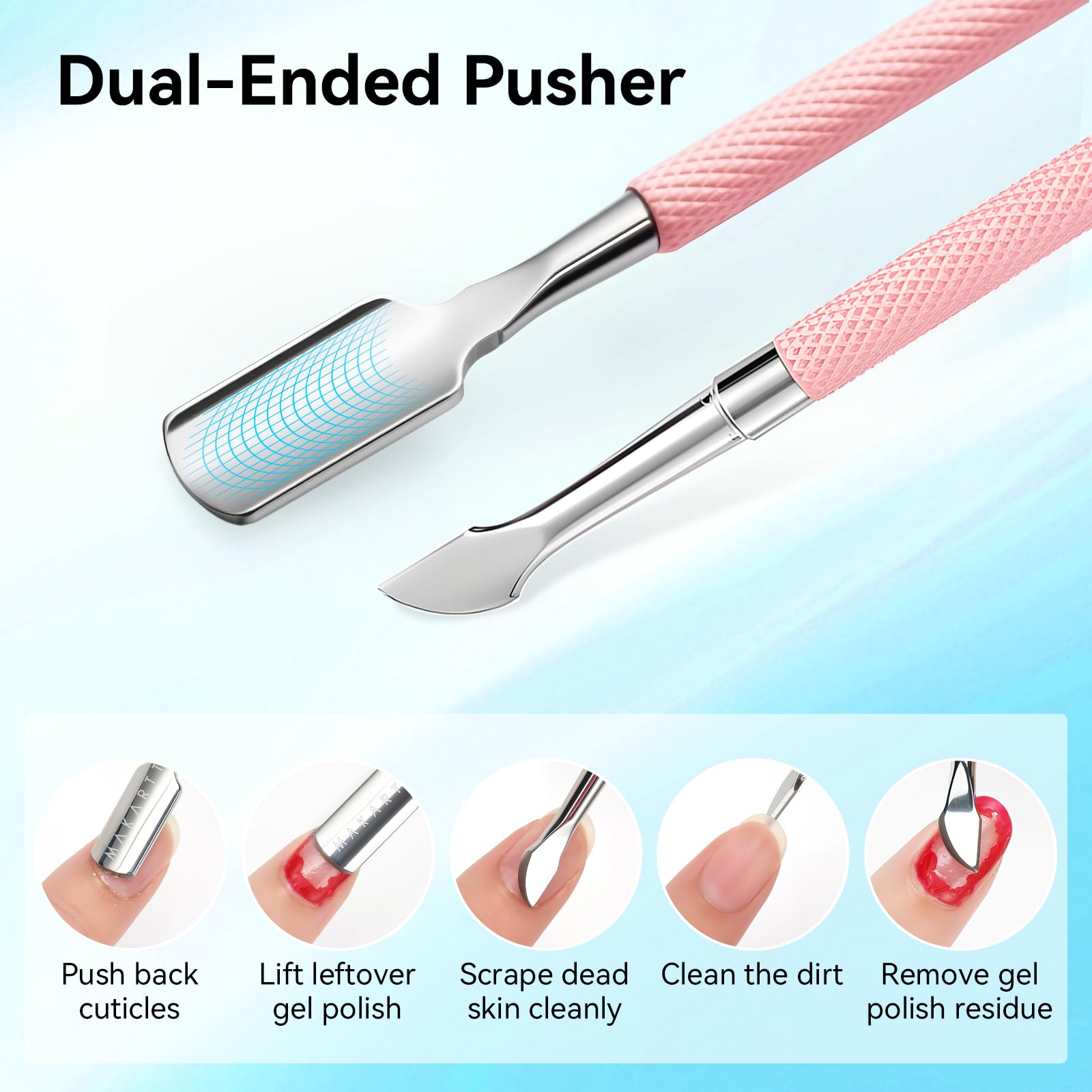 Dual-ended stainless steel cuticle pusher tool