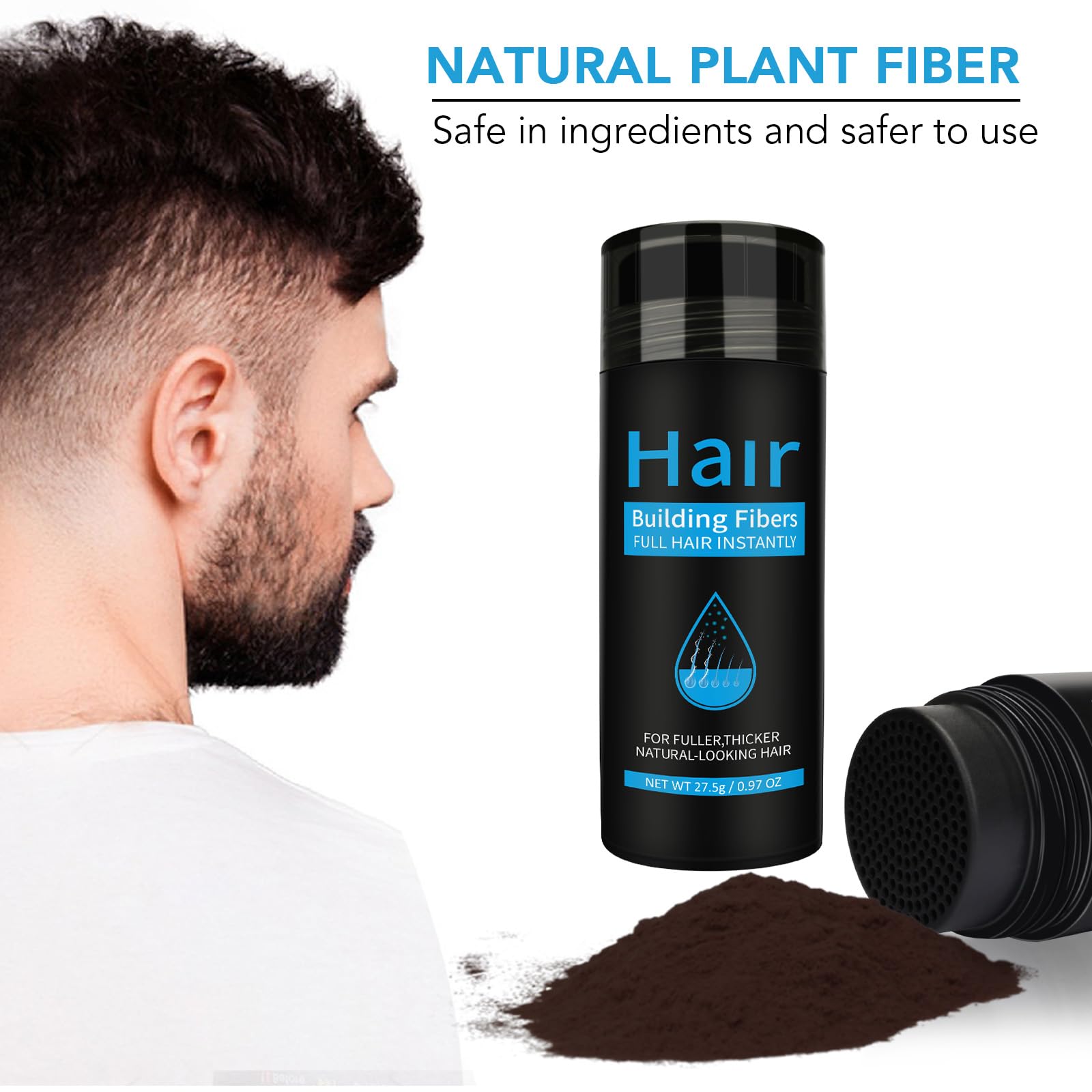 Premium dark brown keratin hair fibers container showing 0.97 ounce size details