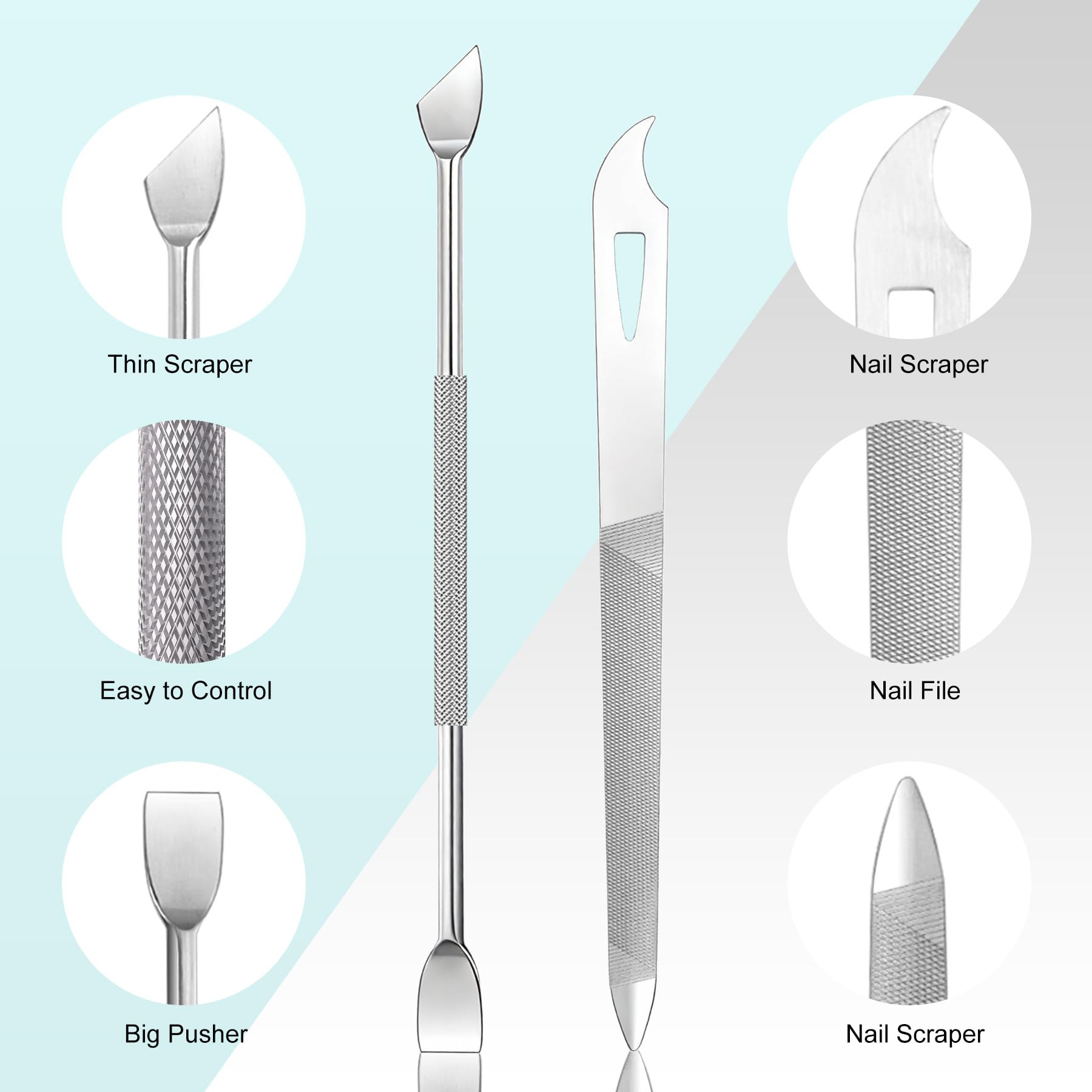 Stainless steel cuticle remover tools being used on a fingernail demonstrating precise home salon care