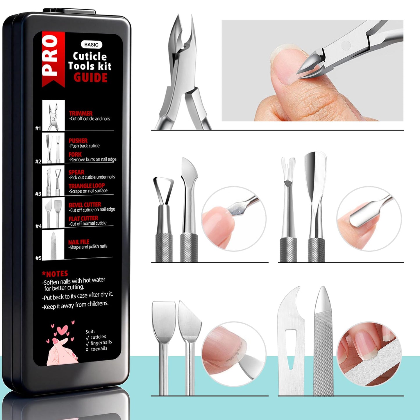 Full view of the durable rustproof Cbiumpro five piece personal care kit layout on a clean background