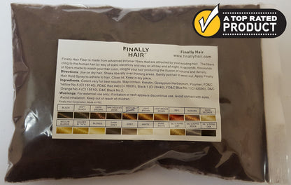 Finally Hair loss concealer microfibers pouring from refill bag into shaker bottle