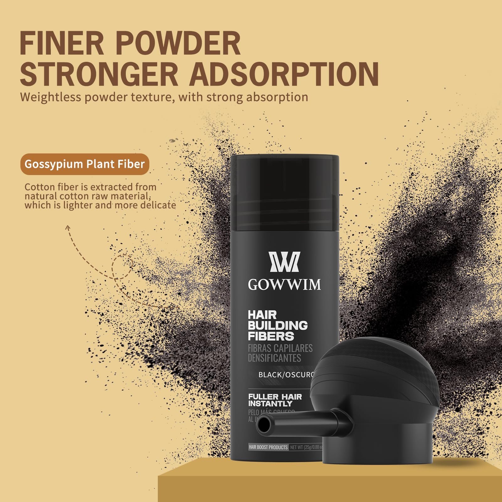 GOWWIM black hair building fibers being applied to thinning crown area for instant volume