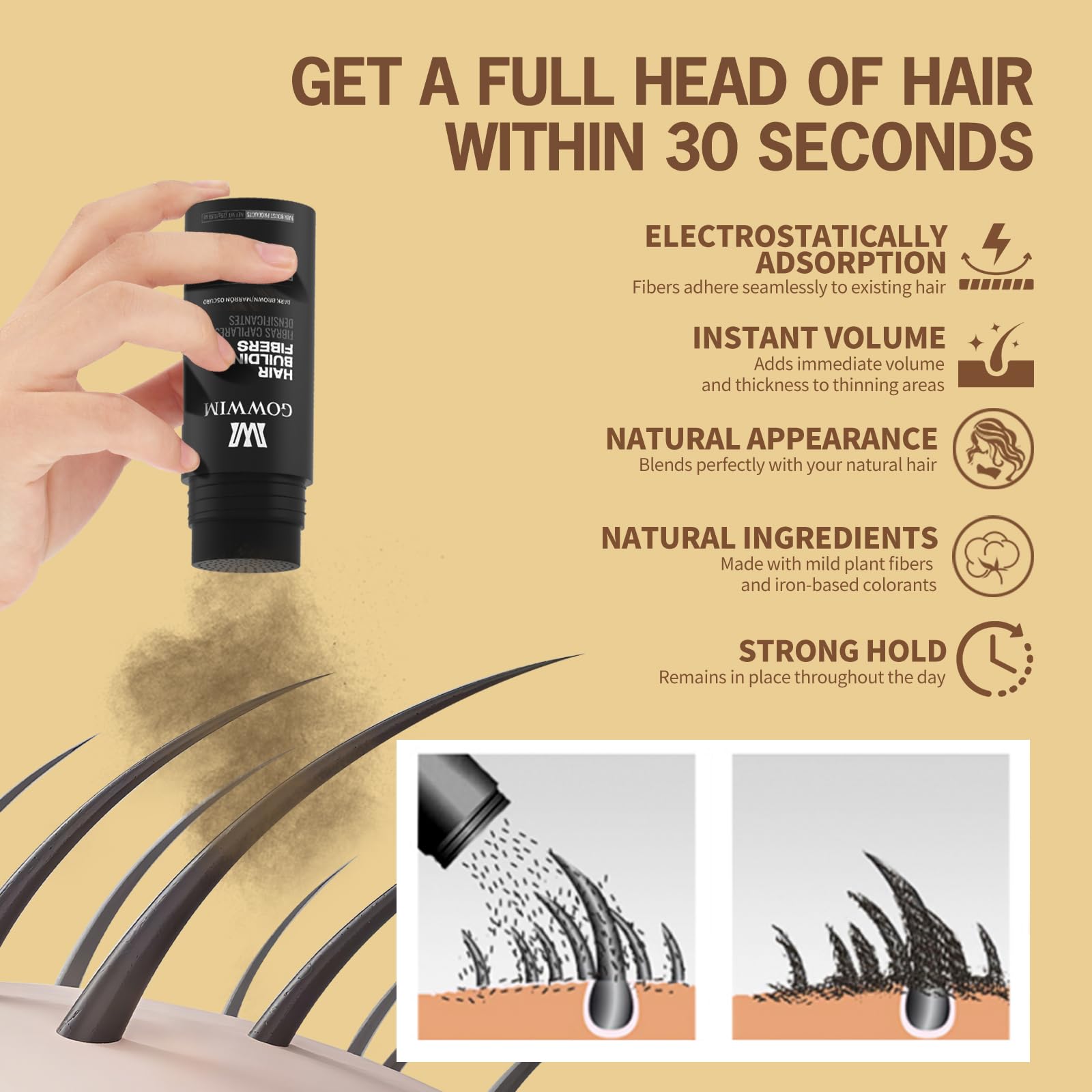 Before and after demonstration of GOWWIM hair thickening powder hiding bald spots on scalp