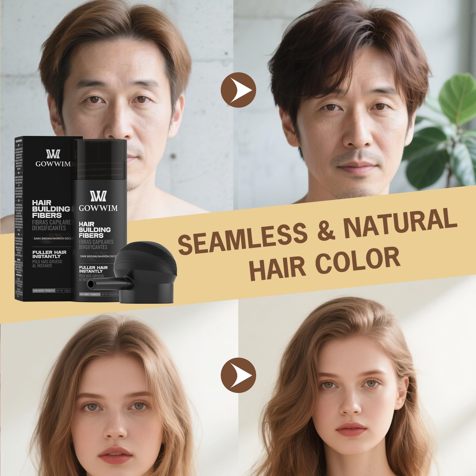 Undetectable grey coverage results using GOWWIM black hair fibers on root touch up area