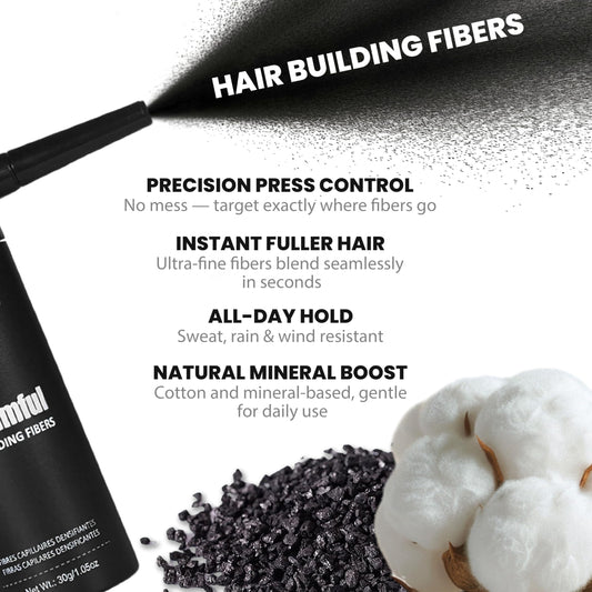 Adglamful plant-based hair fibers for thinning hair being applied to a thinning crown with the silicone pump.