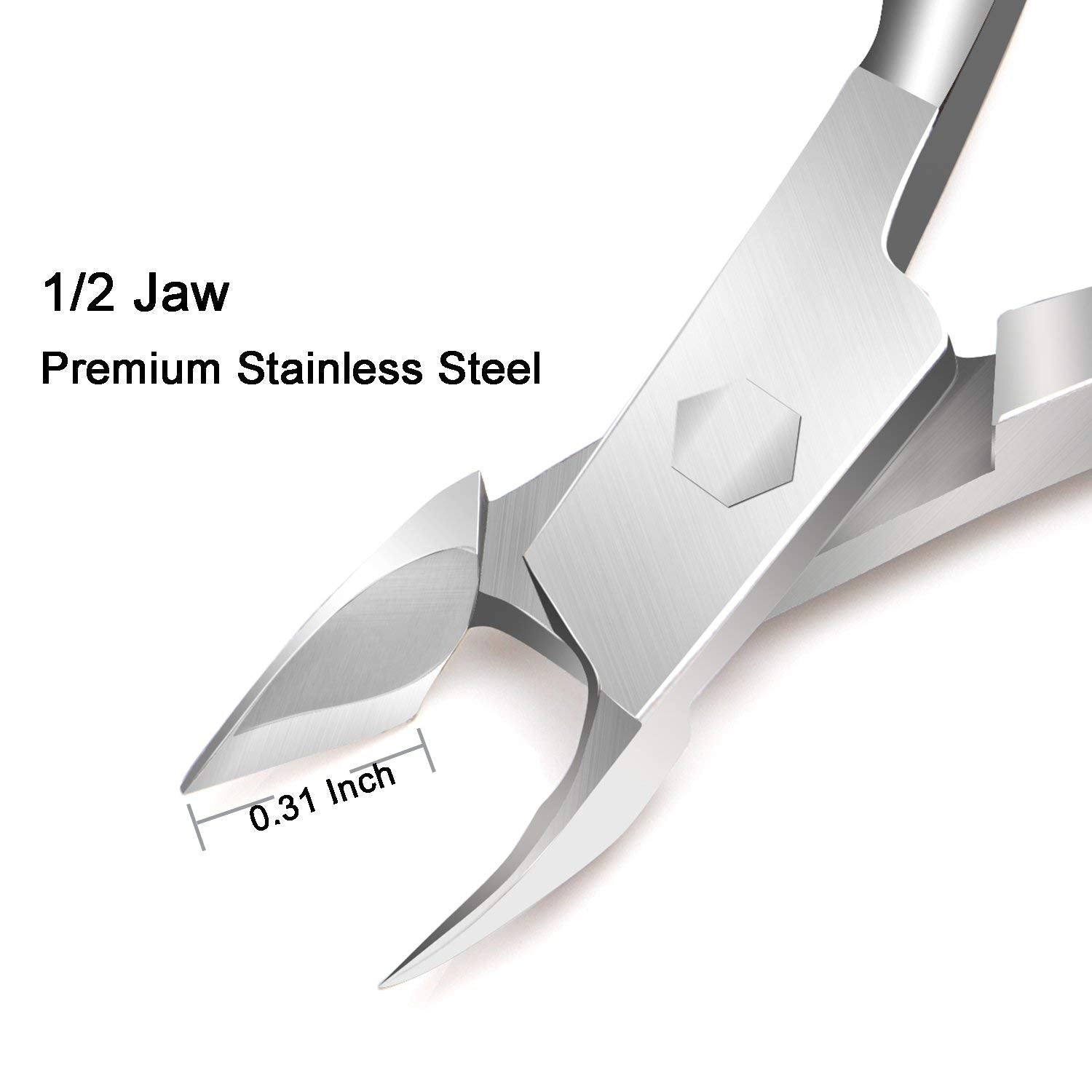 Close up view of the premium polished stainless steel jaw mechanism on the cuticle nipper cutter tool.