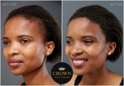 Authentic Crown Twenty1 hair thickening fibers bottle showcasing detailed instructions on the back label