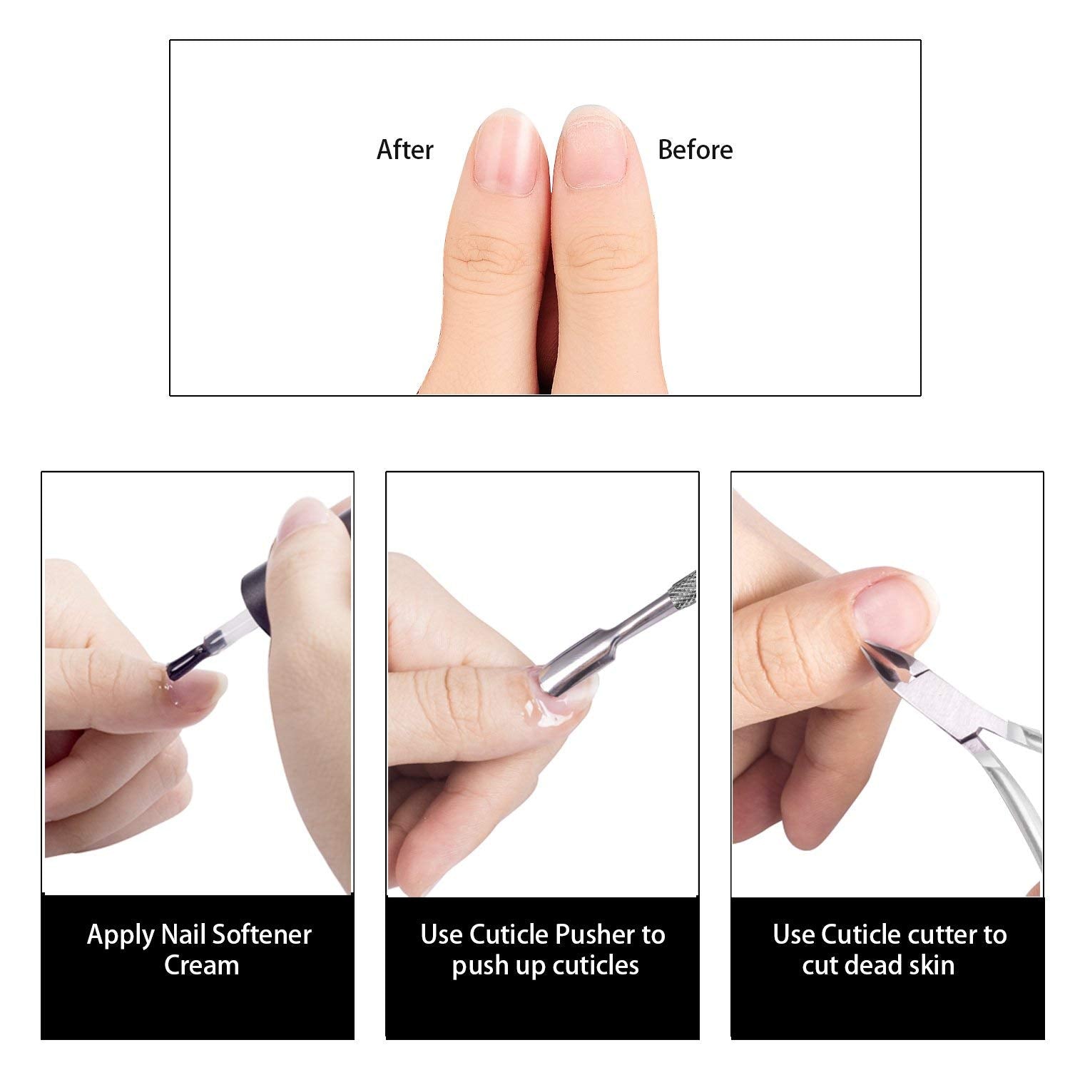 Complete six piece manicure kit organized neatly to highlight the varying lengths of the nippers and pushers.