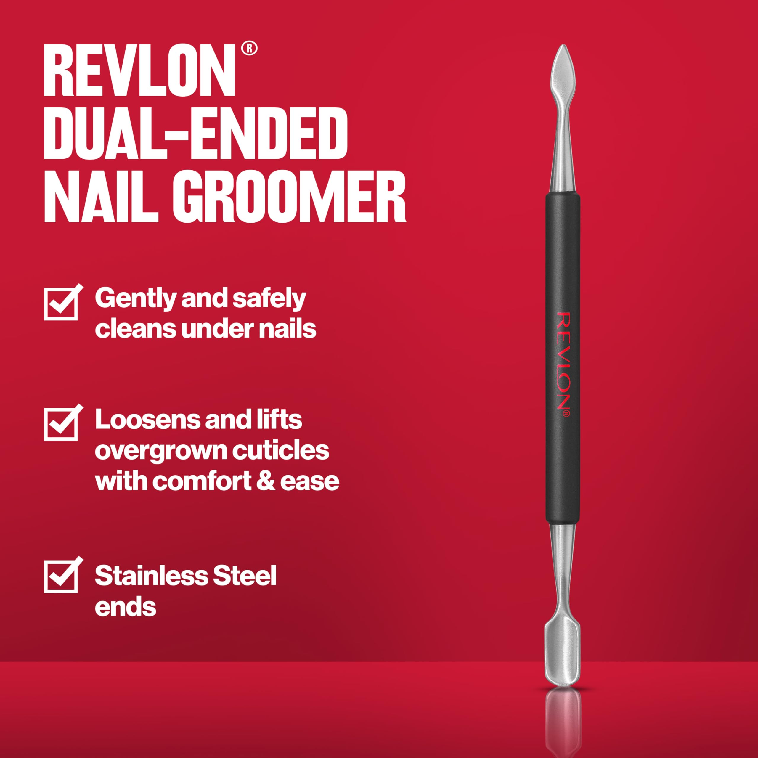 Close up of Revlon stainless steel cuticle pusher end