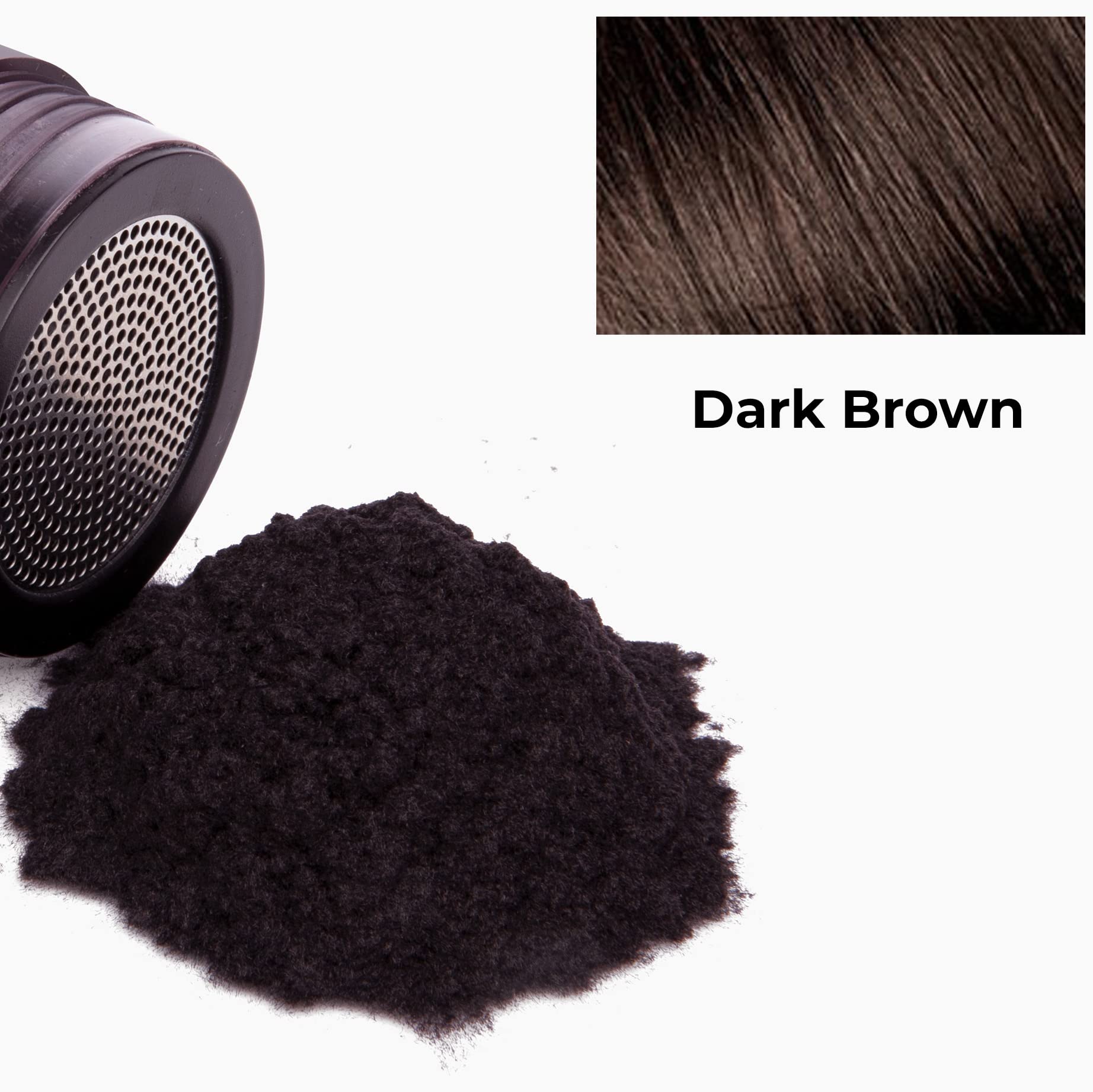 Close-up of plant-based hair fibers blending into dark brown hair to conceal the scalp