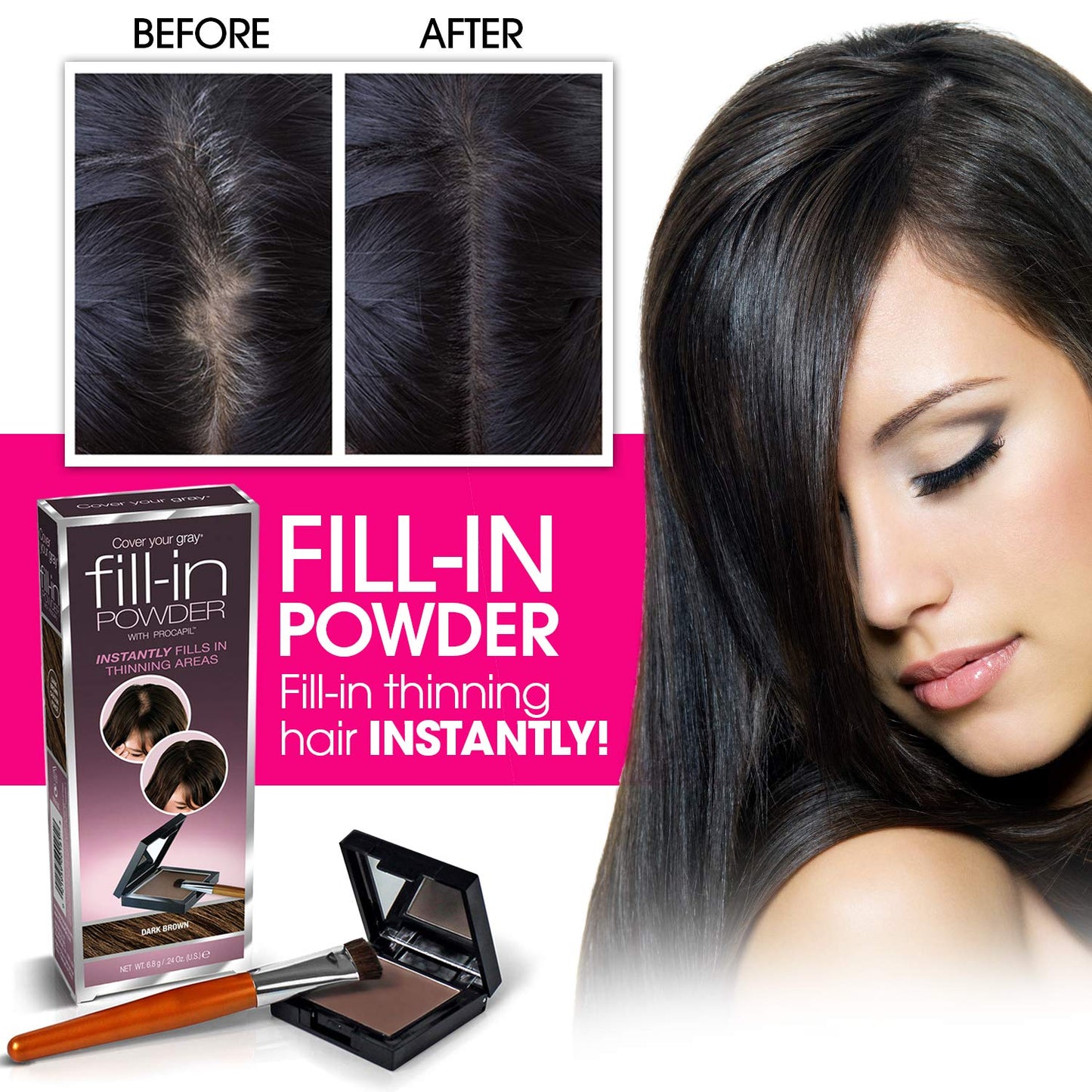 Sweat and wind resistant hair building fibers product demonstration view.
