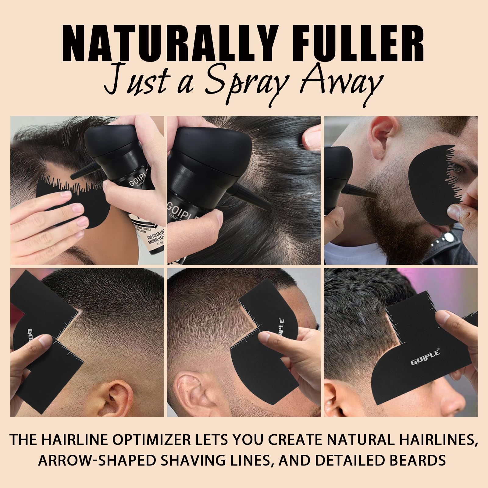 Close up of the three piece kit including Accio hair fibers, spray applicator pump, and hairline optimizer card.