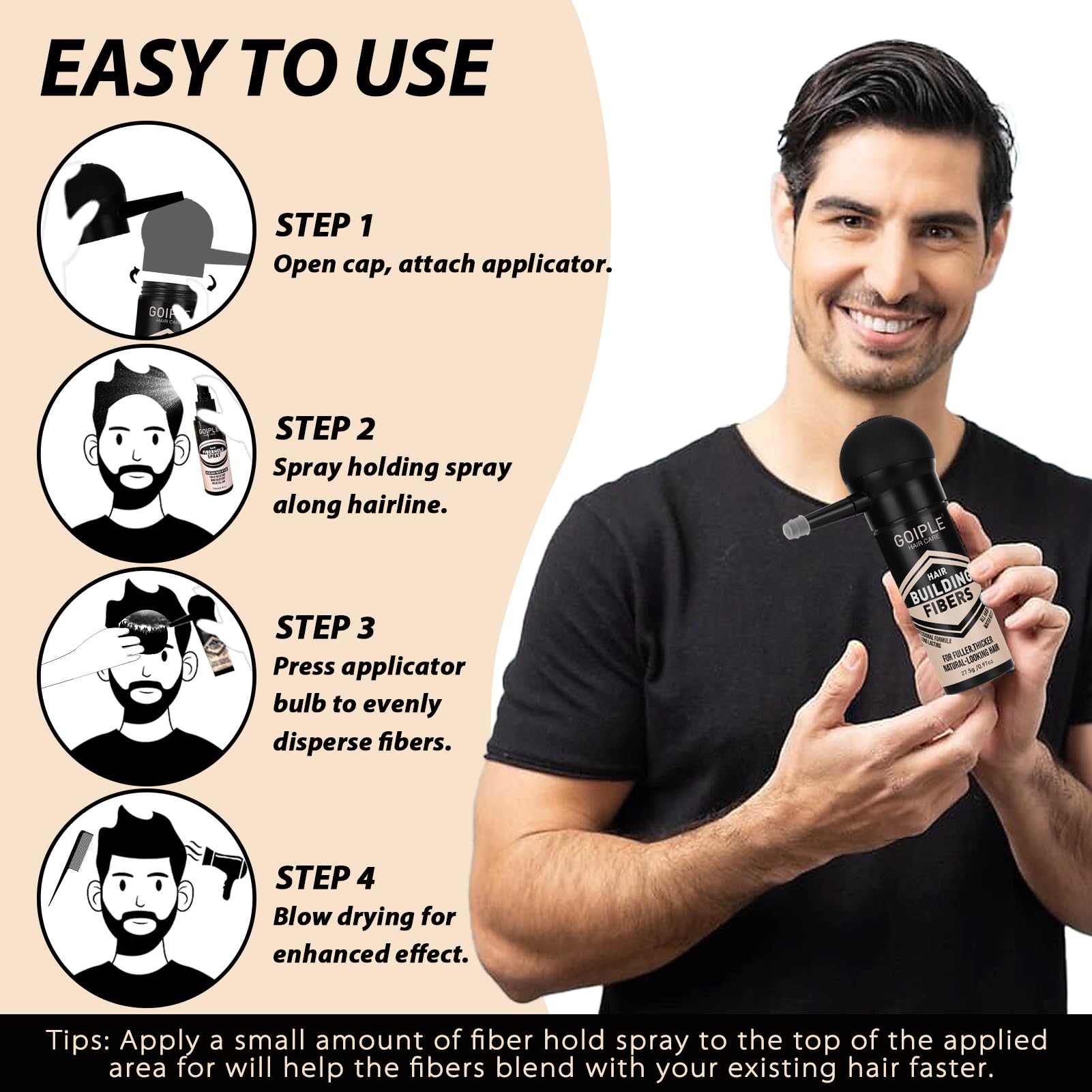 Natural keratin hair thickening powder from Accio showcasing its sweat resistant formula for daily wear.