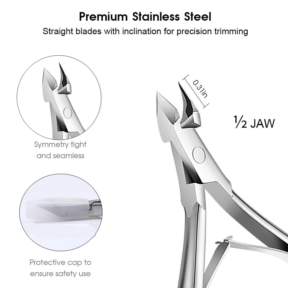 Close up view of Flauntia cuticle nipper sharp half jaw blade design.